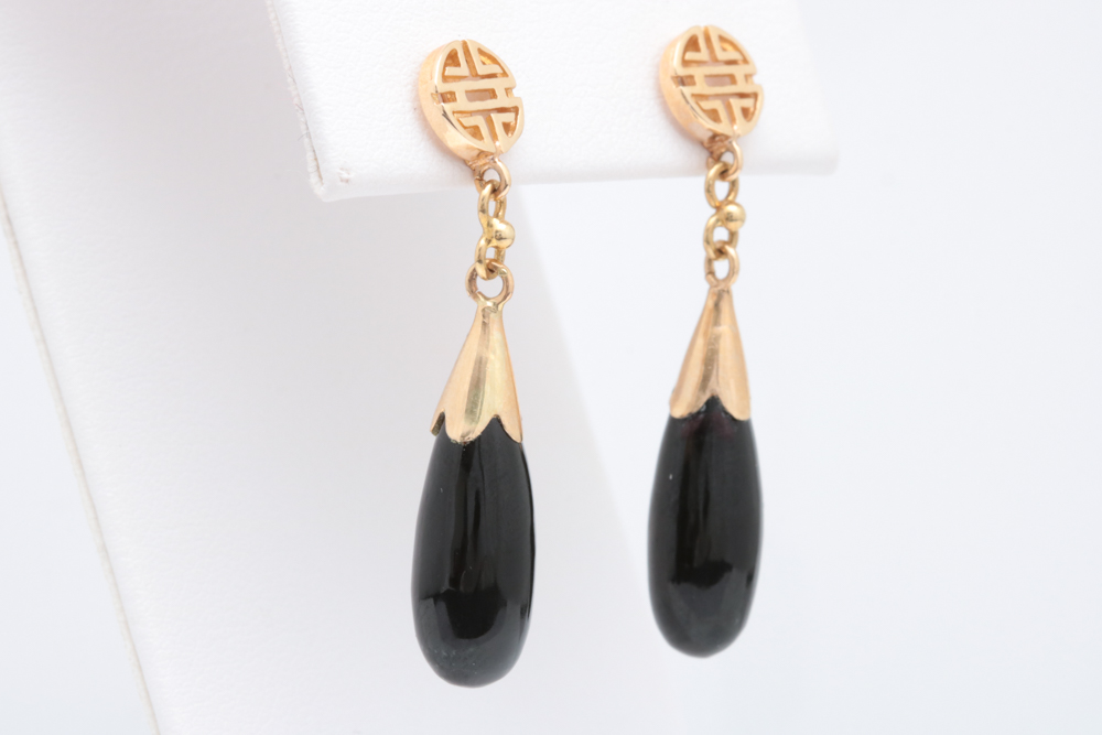14K Yellow Gold and Black Jadeite Dangle Earrings