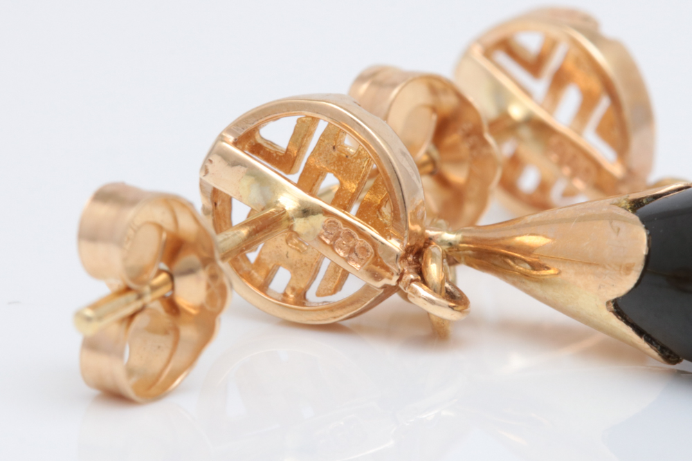 14K Yellow Gold and Black Jadeite Dangle Earrings