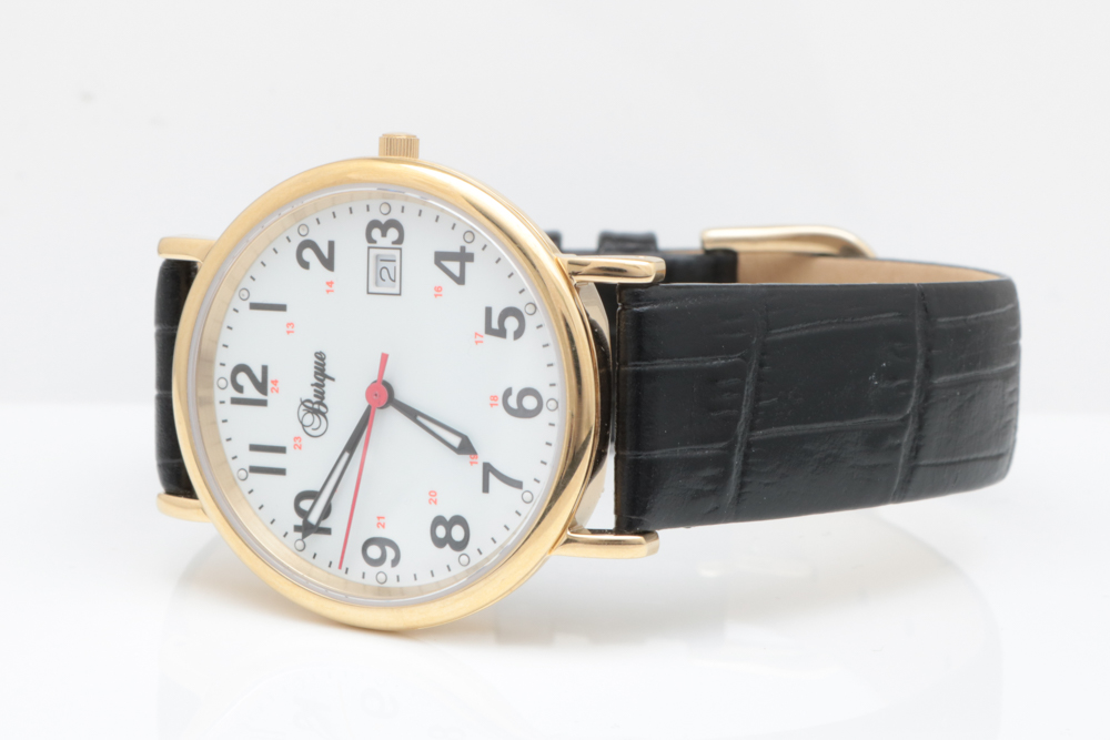 Burque Gold Toned Stainless Steel and Leather Watch