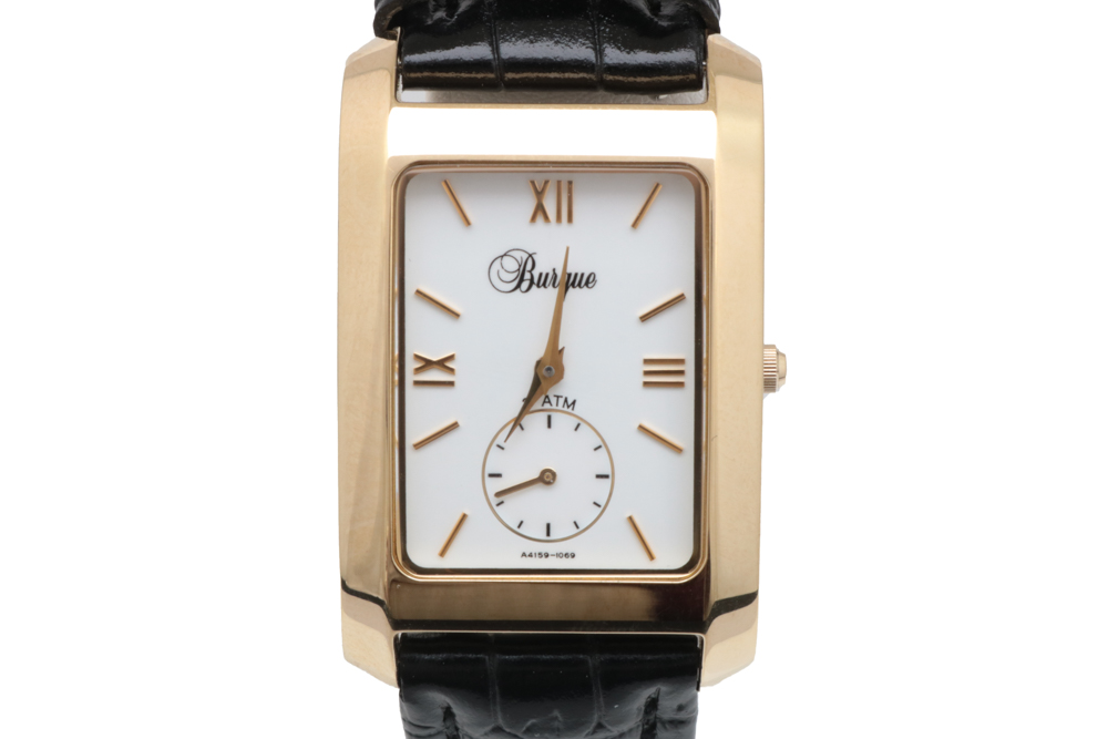 Burque Gold Tone Stainless Steel and Leather Tank Style Watch