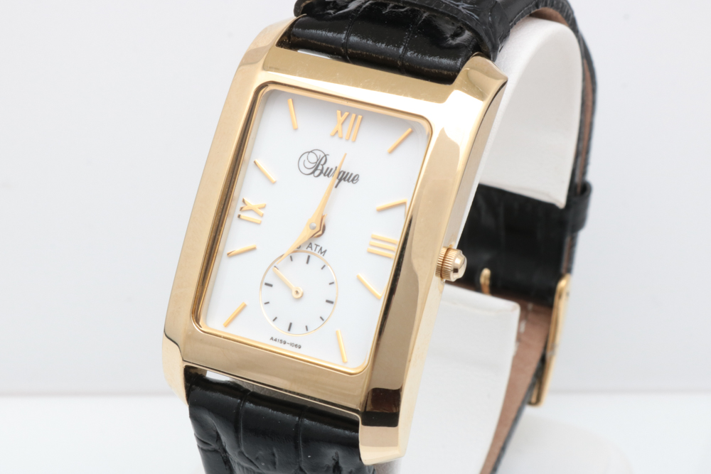 Burque Gold Tone Stainless Steel and Leather Tank Style Watch