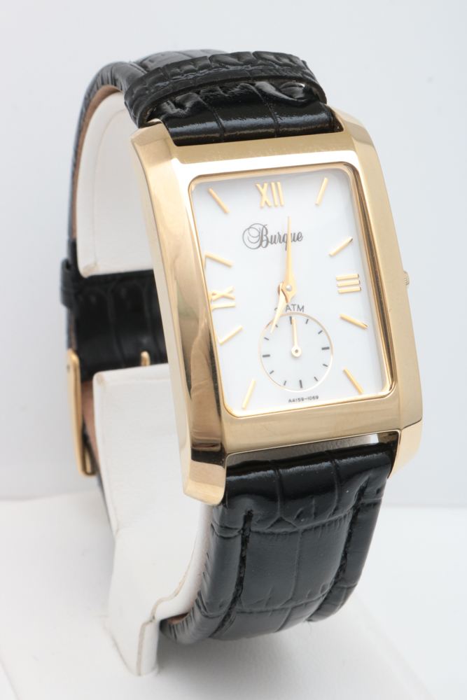 Burque Gold Tone Stainless Steel and Leather Tank Style Watch