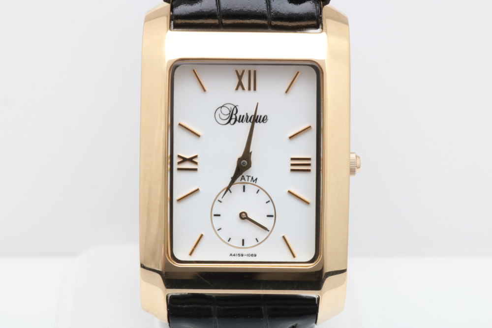 Burque Gold Tone Stainless Steel and Leather Tank Style Watch