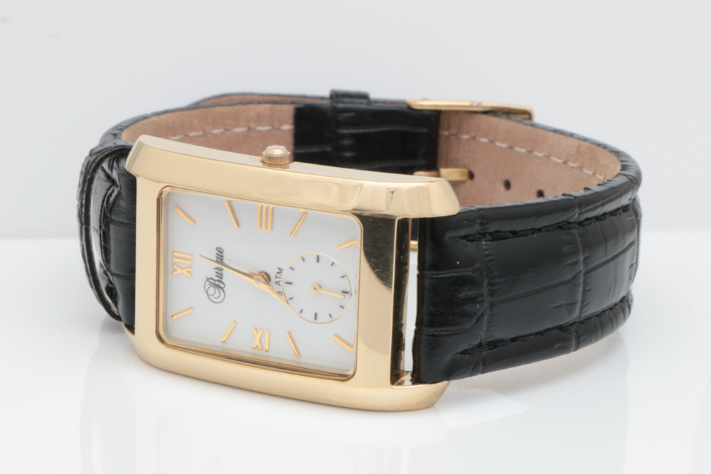 Burque Gold Tone Stainless Steel and Leather Tank Style Watch