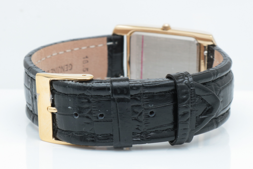 Burque Gold Tone Stainless Steel and Leather Tank Style Watch