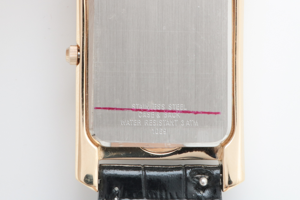 Burque Gold Tone Stainless Steel and Leather Tank Style Watch