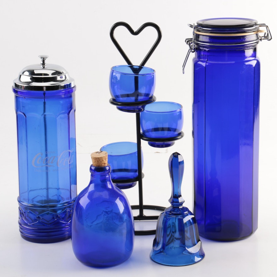 Cobalt Glass Coca-Cola Straw Dispenser with Assorted Cobalt Glassware