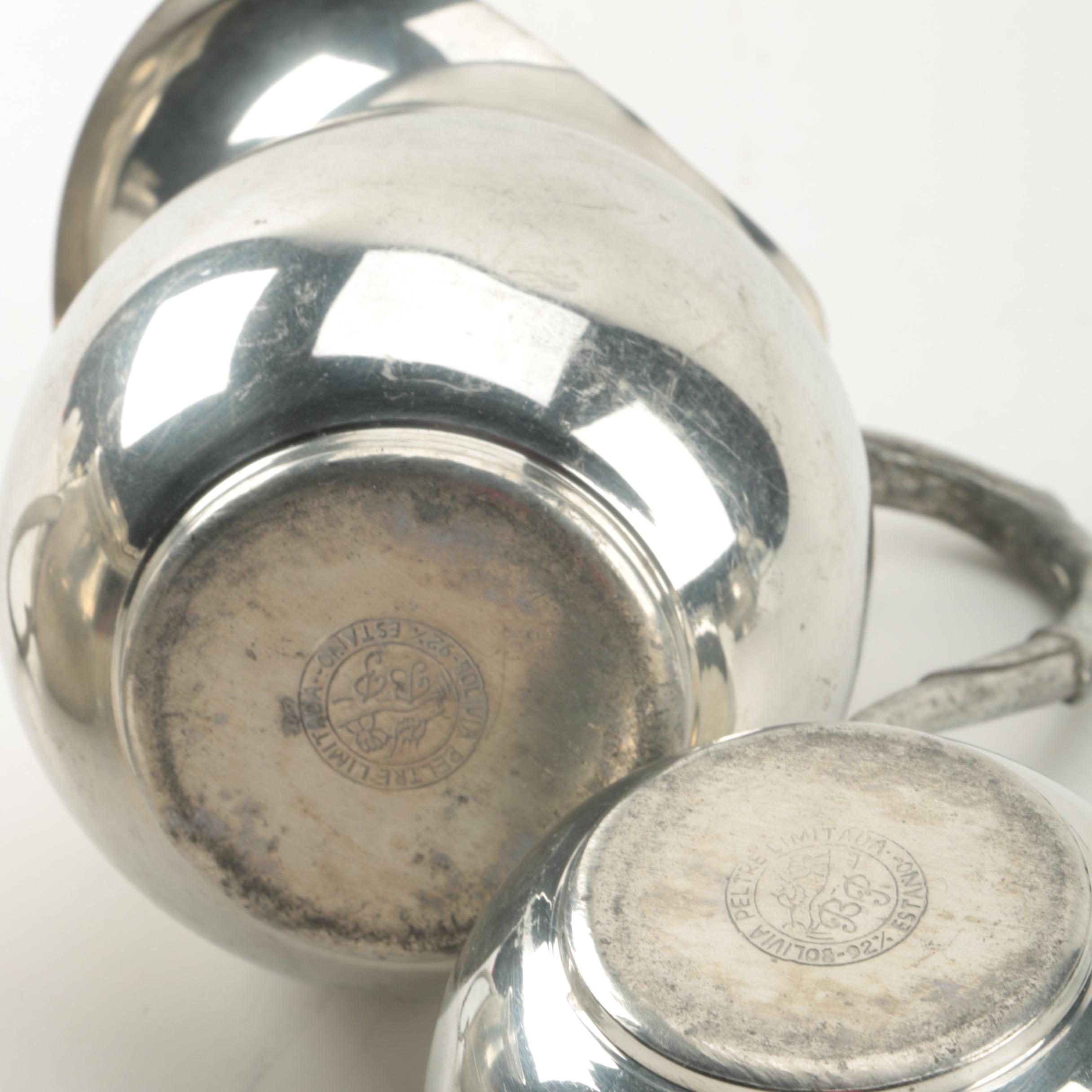 Bolivian Pewter Tea Service with Colonial Pewter Creamer and Sugar Bowl