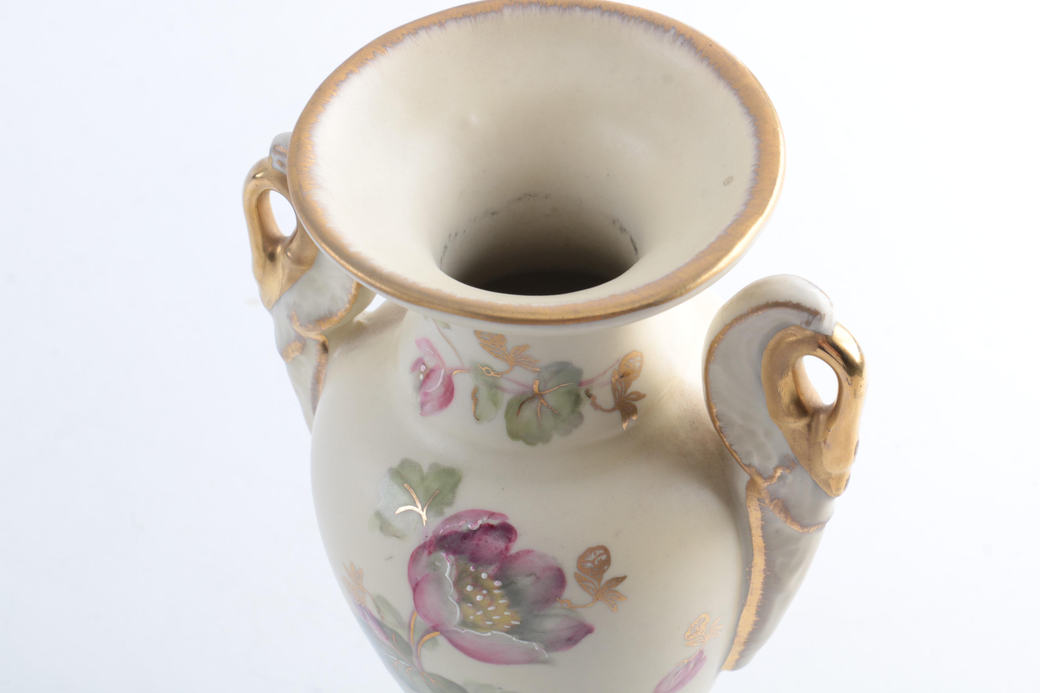 Hand Painted European Porcelain Urn with Glass Vase