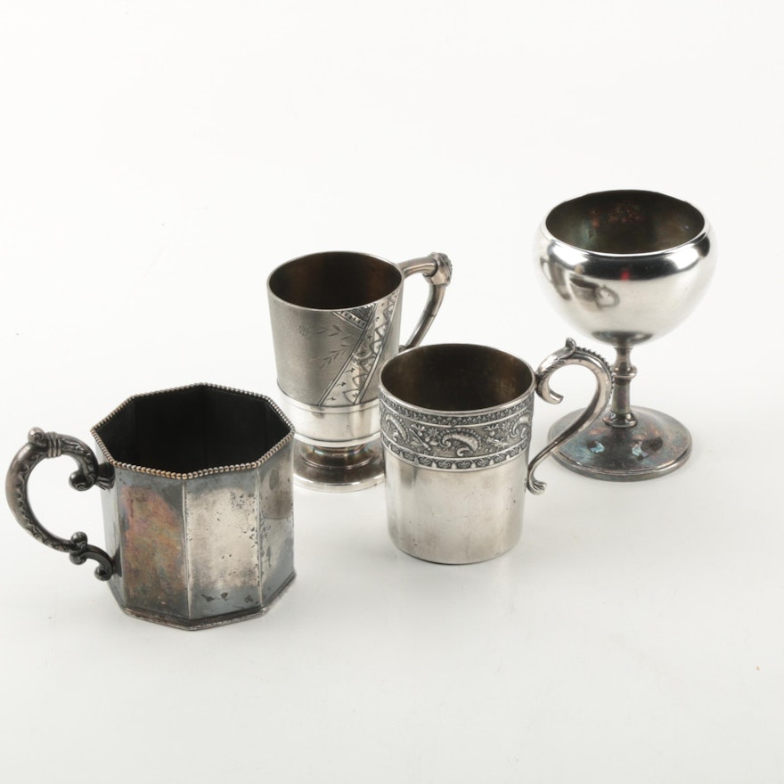 Meriden Britannia Co. Engraved Mug and Other Silver Plate Vessels