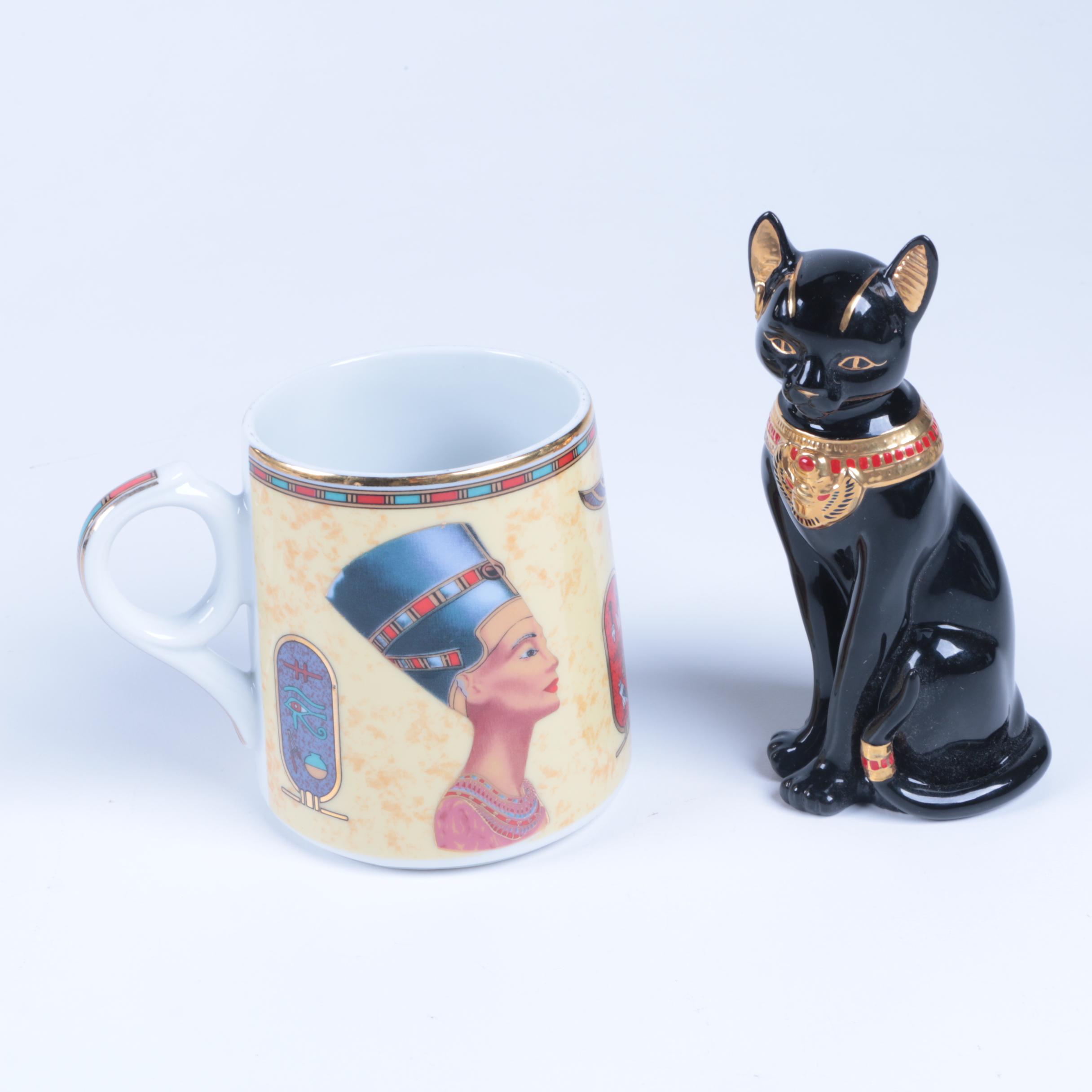 Egyptian Themed Mug and Lenox Cat Figurine