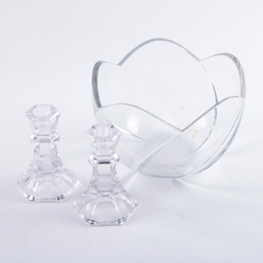 Crystal Bowl with a Pair of Candle Holders