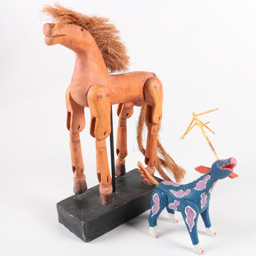 Articulated Hand-Painted Carved Folk Art Deer and Horse Figurine