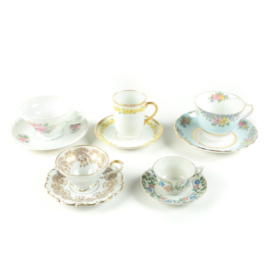 Assortment of China Tea Cups and Saucers Featuring Colclough and Limoges