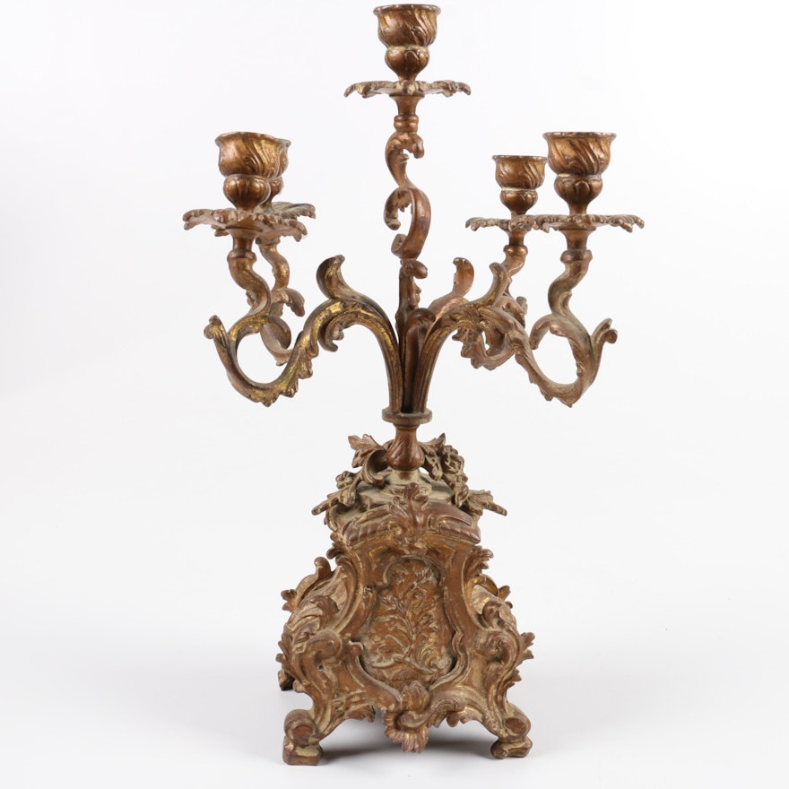 Antique Rococo Style Gold Tone Wrought Metal Candelabra