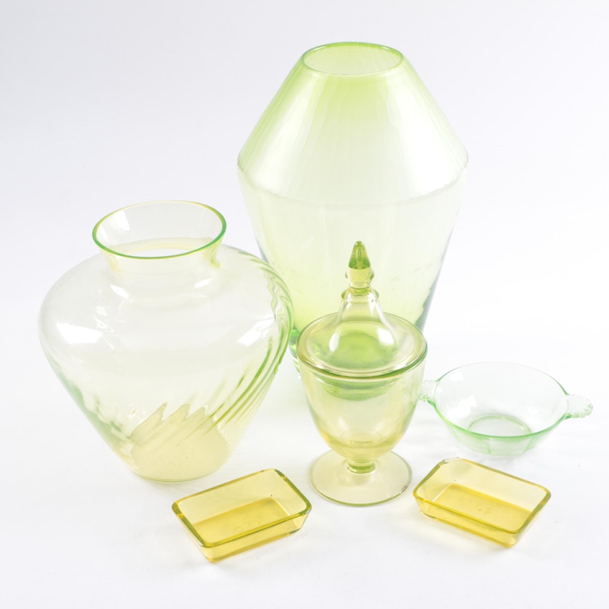 Green Glass Tableware and Vases with Uranium Examples