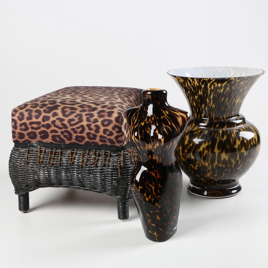 Leopard Print Footstool with Glass Vases