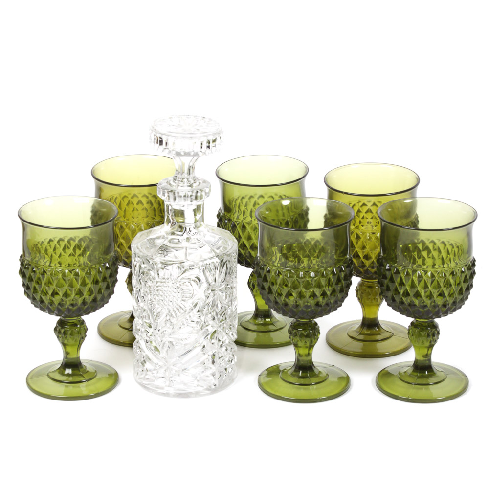 Indiana Glass Dark Green "Diamond Point" Goblets and a Decanter