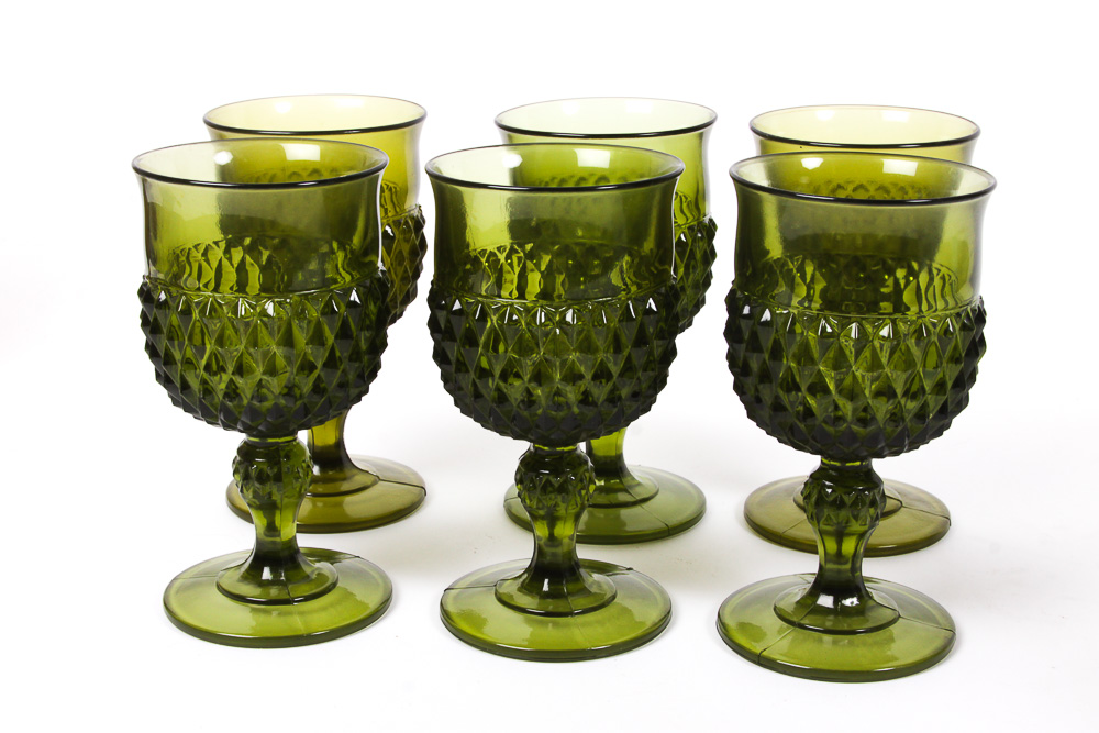 Indiana Glass Dark Green "Diamond Point" Goblets and a Decanter