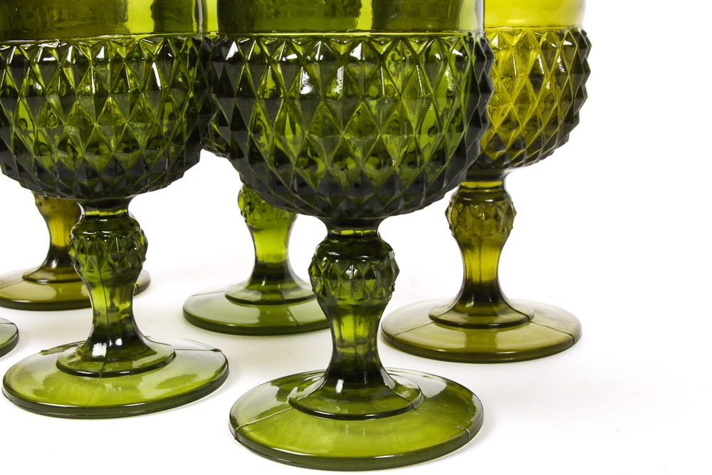 Indiana Glass Dark Green "Diamond Point" Goblets and a Decanter