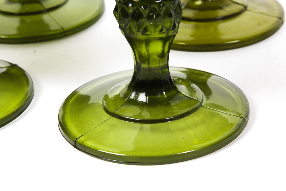 Indiana Glass Dark Green "Diamond Point" Goblets and a Decanter