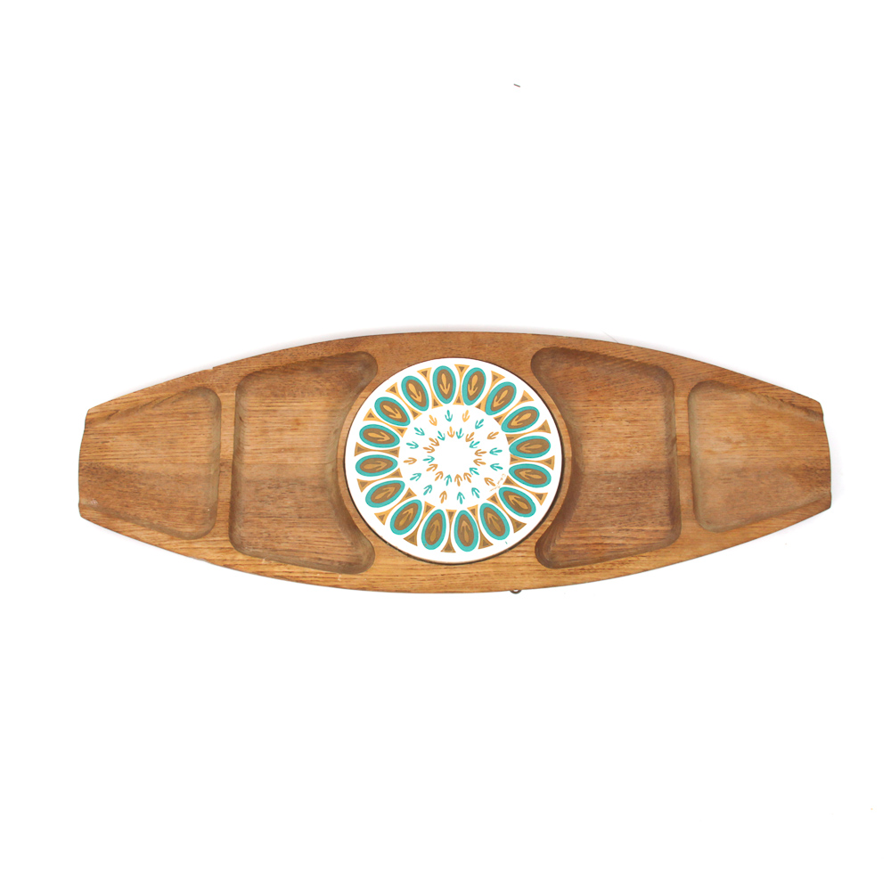 Vintage Sero Wood Tray with Ceramic Trivet