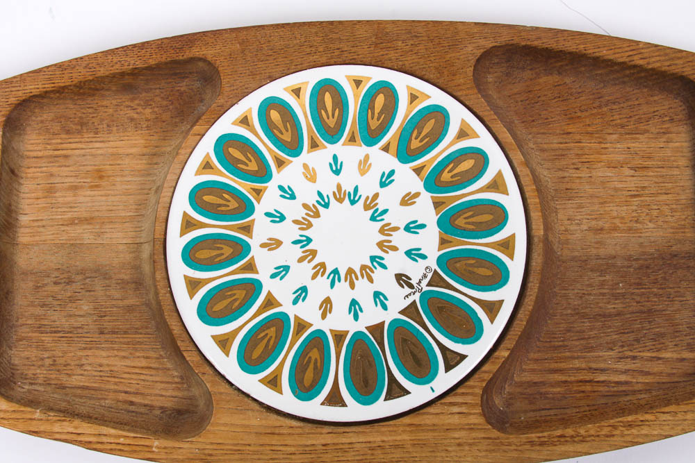 Vintage Sero Wood Tray with Ceramic Trivet
