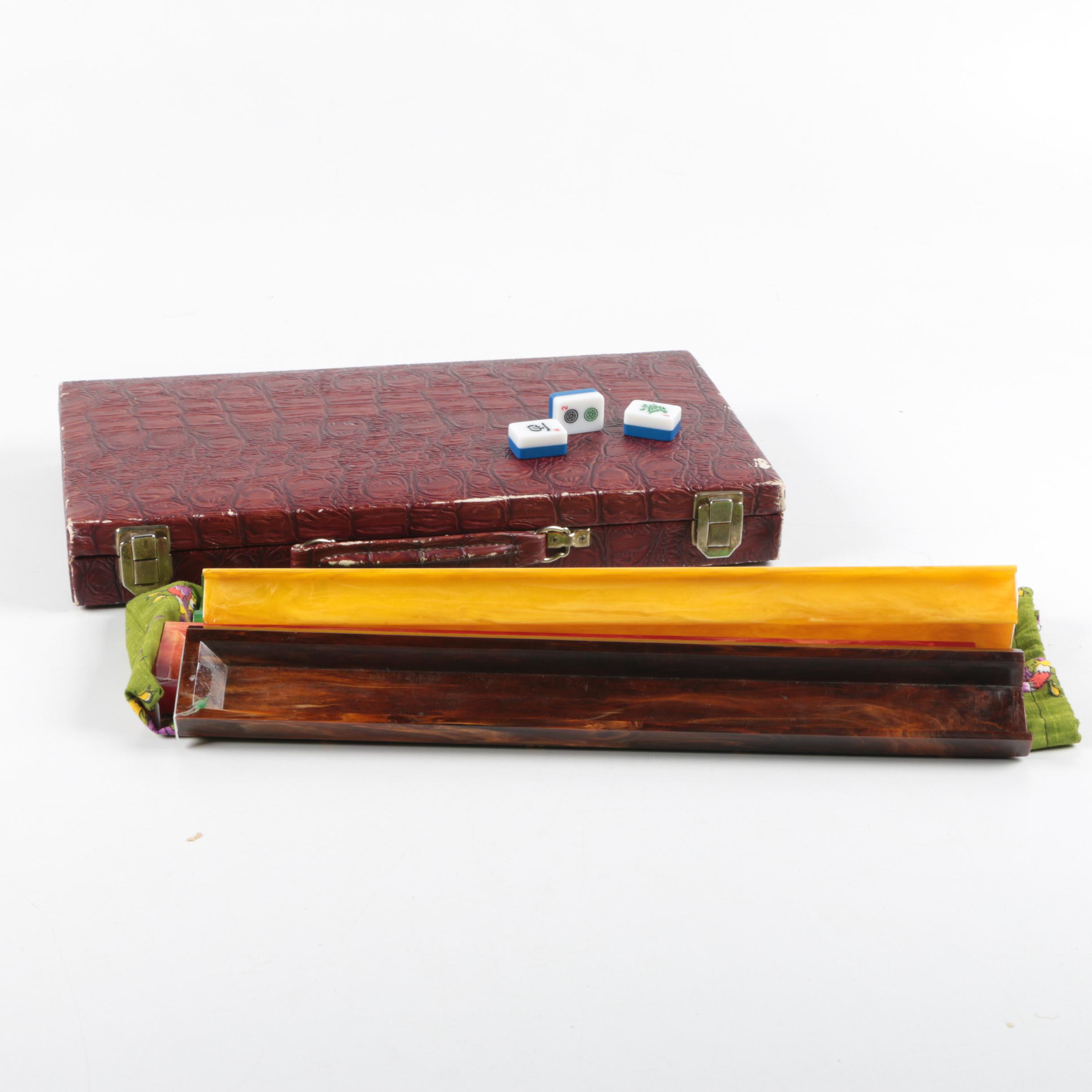 Mahjong Set in Leather Case with Bakelite Tile Holders