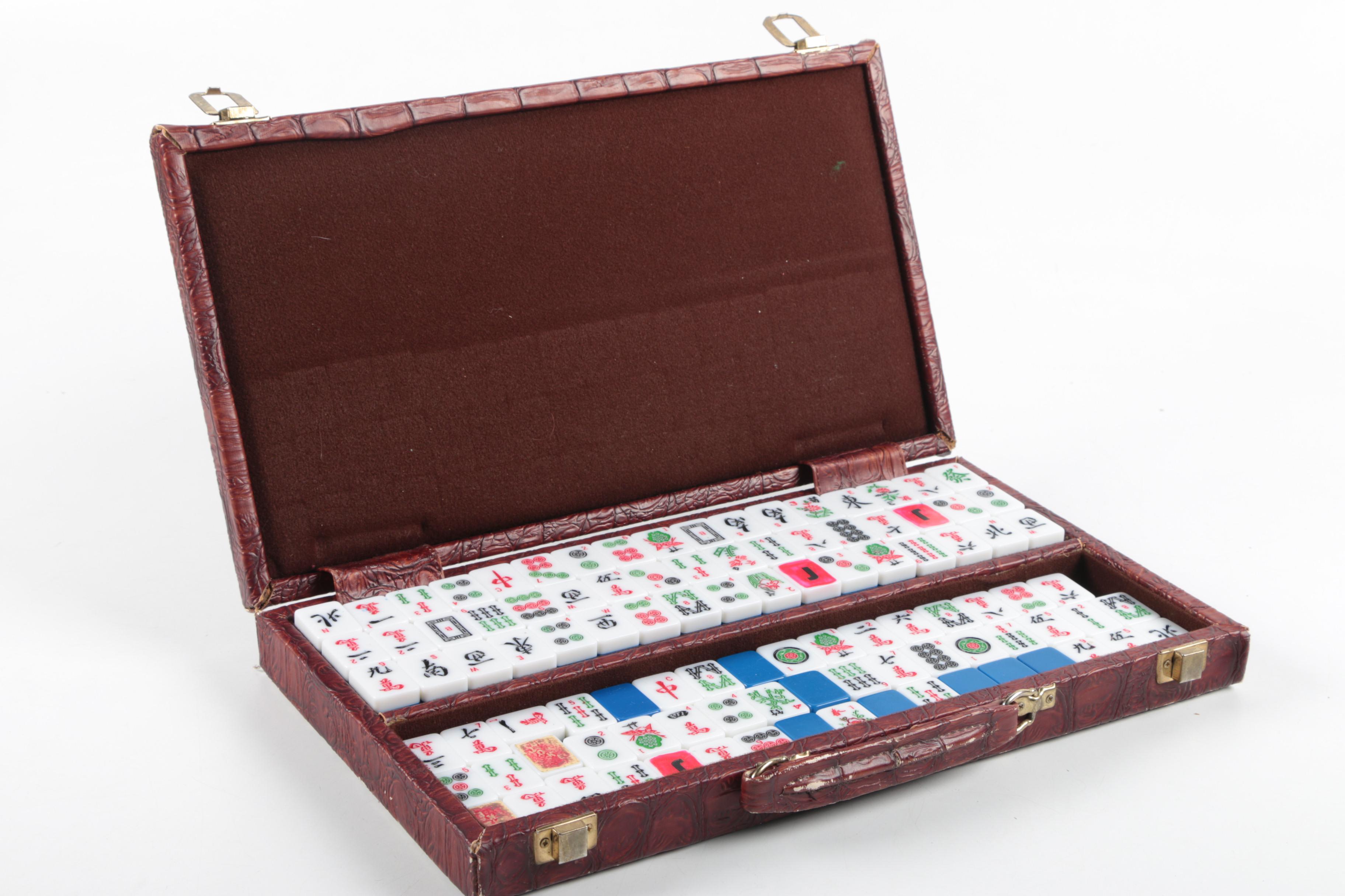 Mahjong Set in Leather Case with Bakelite Tile Holders