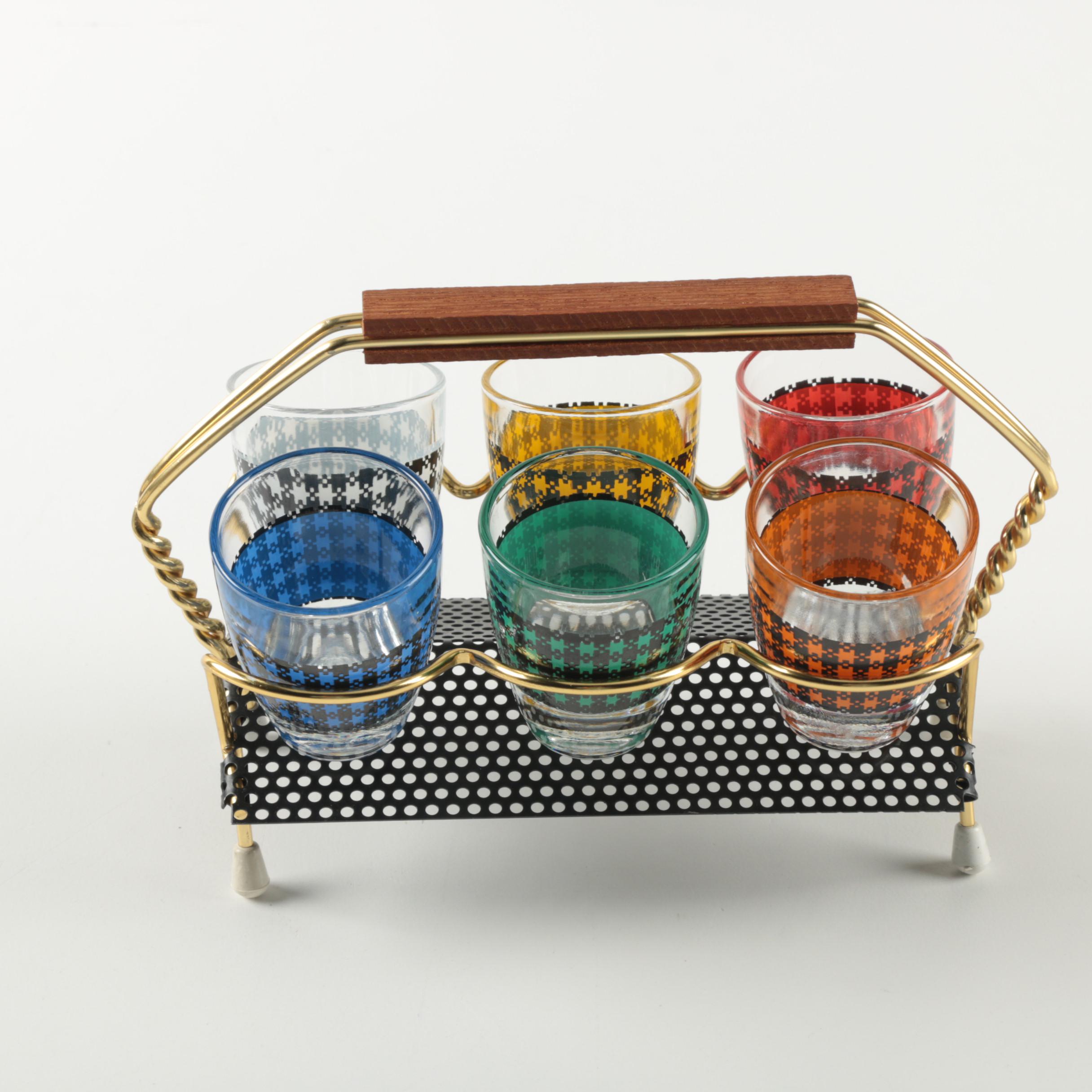 Vintage Mid-Century Plaid Whiskey Tasters in Metal Caddy