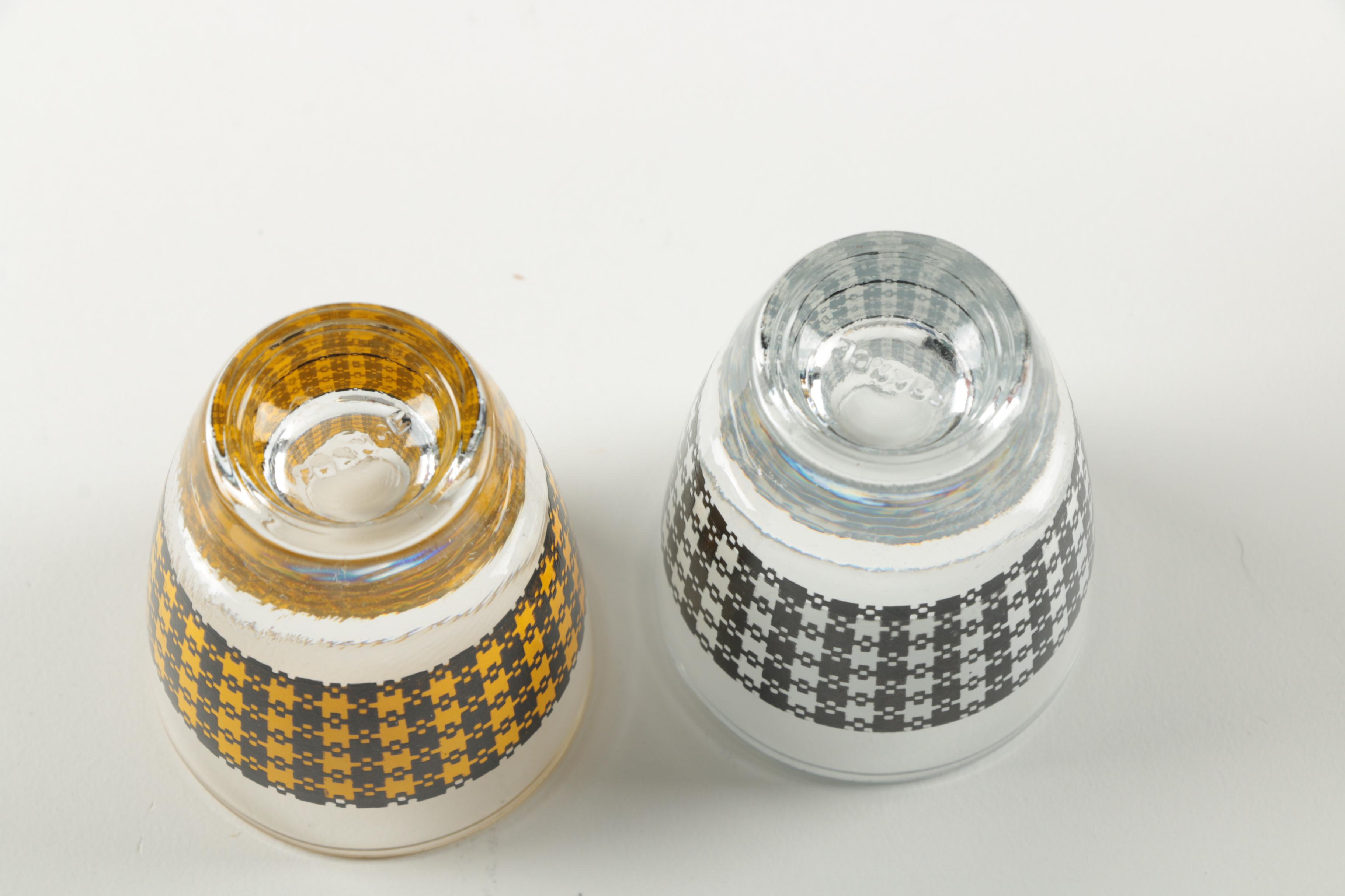 Vintage Mid-Century Plaid Whiskey Tasters in Metal Caddy