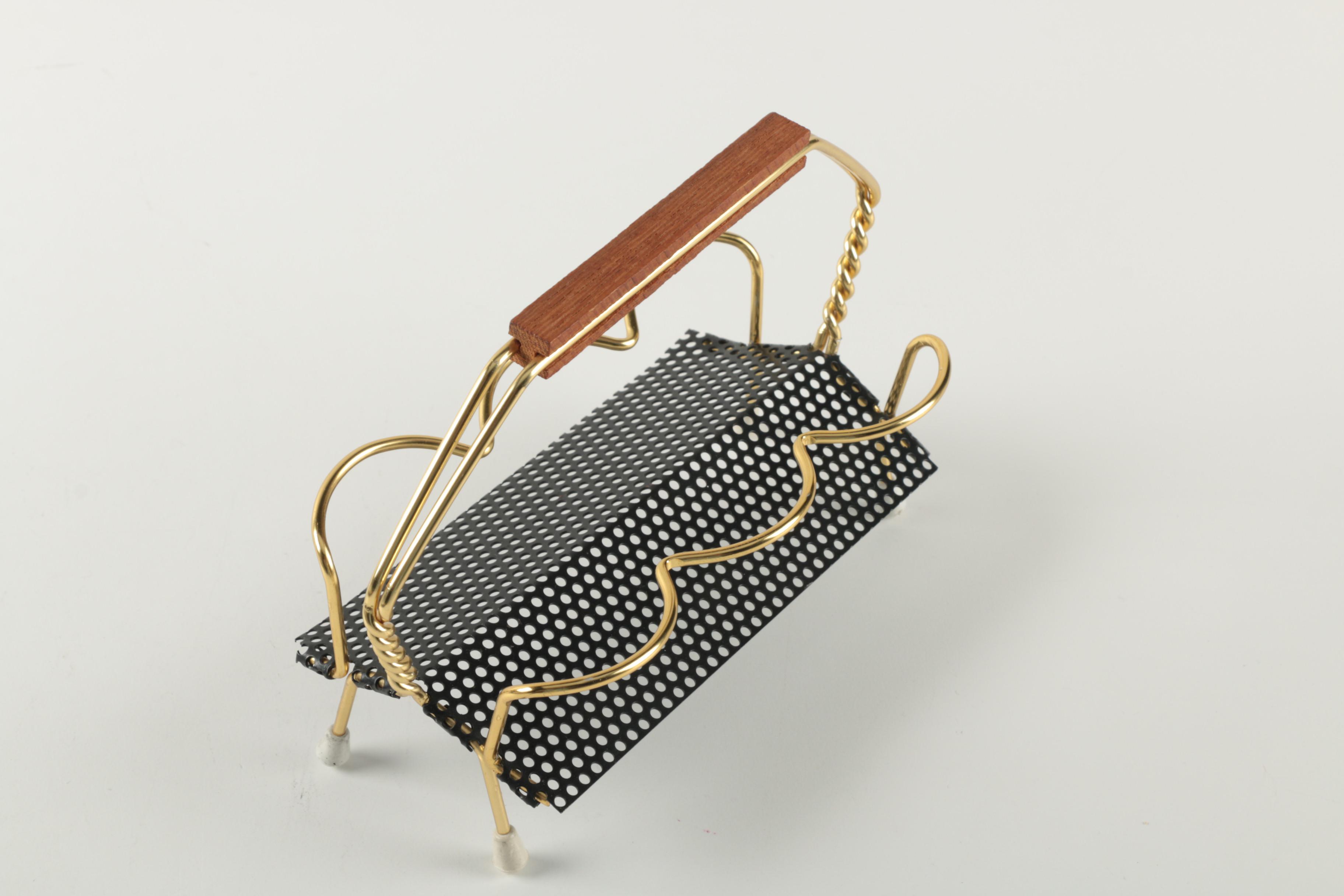 Vintage Mid-Century Plaid Whiskey Tasters in Metal Caddy