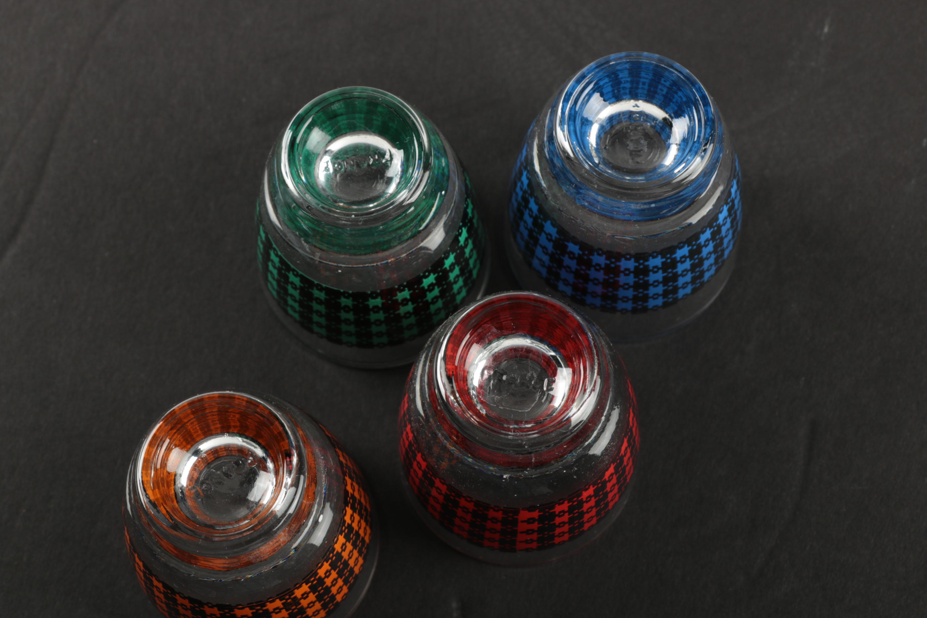 Vintage Mid-Century Plaid Whiskey Tasters in Metal Caddy