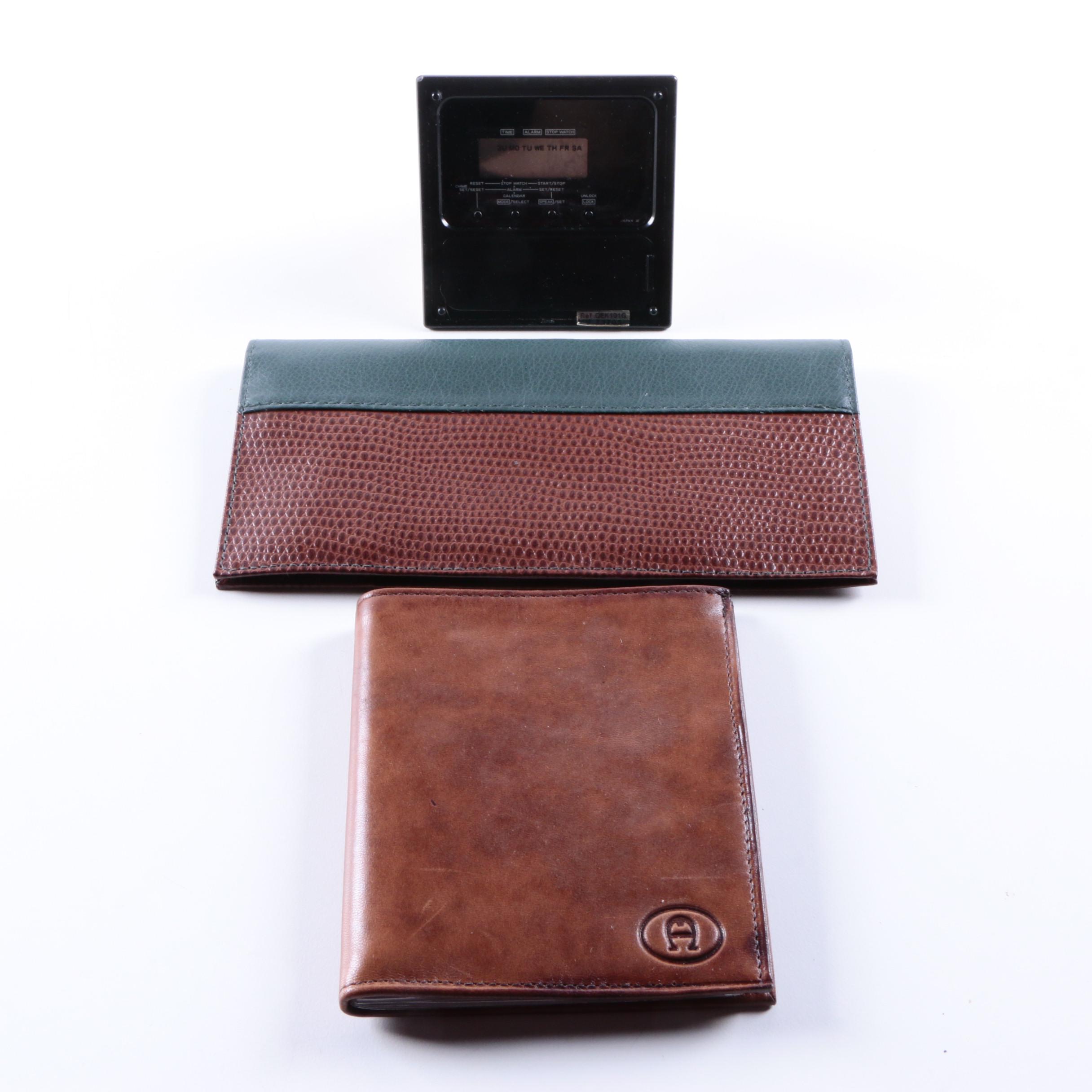 Pair of Wallets and Vintage Seiko Pyramid Talking Alarm Clock