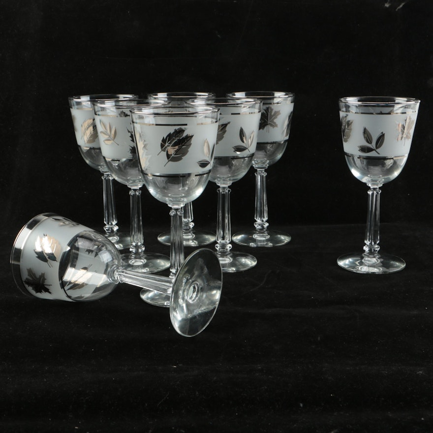 Mid Century Modern Libbey Frosted Silver Tone Leaf Wine Glasses