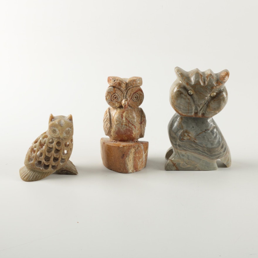 Agate and Soapstone Owl Figurines