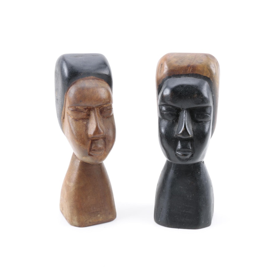 Pair of  Primitive Style Carved Heads of Women