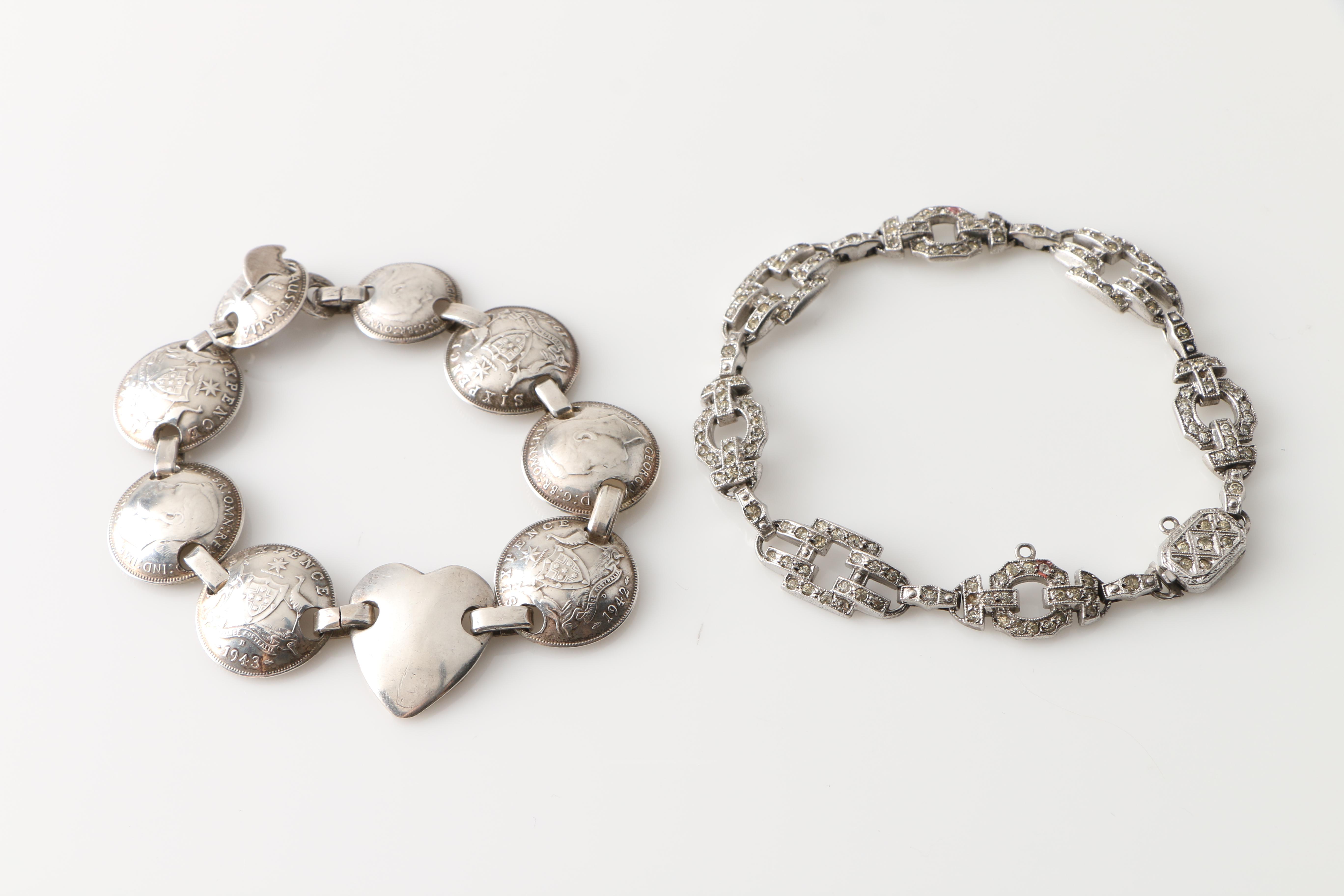 Grouping of Sterling Silver Bracelets Including an Australian Coin Bracelet