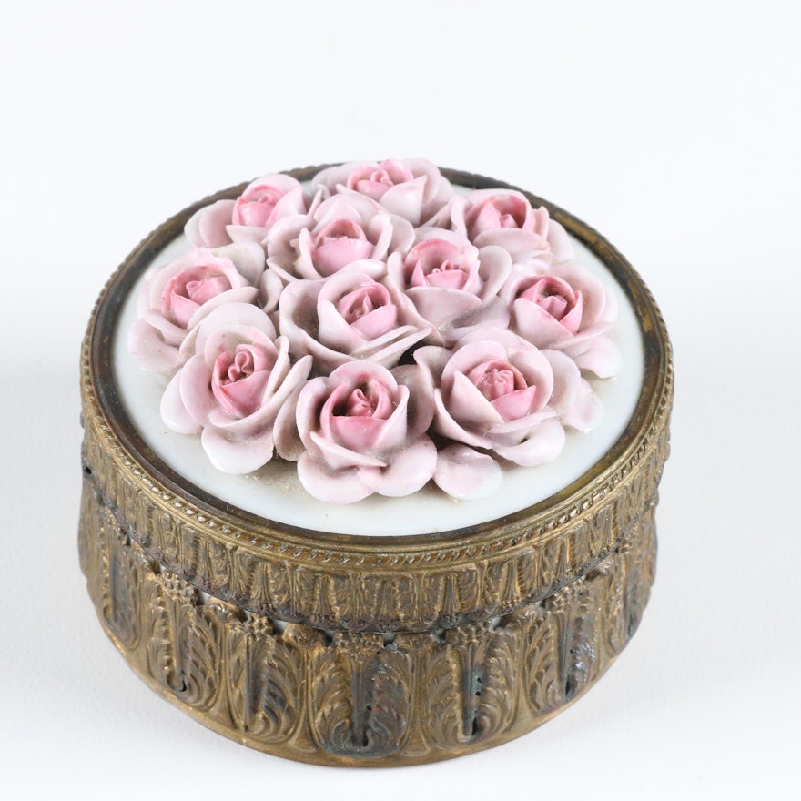 Vintage Rose Motif Porcelain and Metal Trinket Box