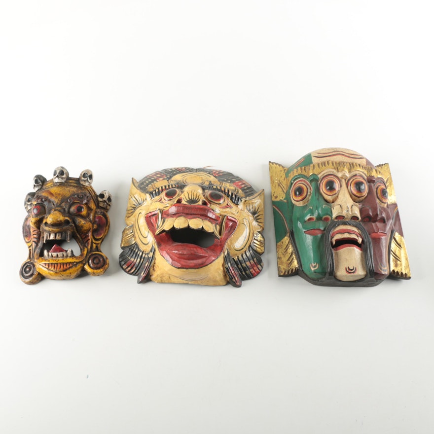 Three Hand Painted Wood Tibetan Style and Indonesian Style Masks