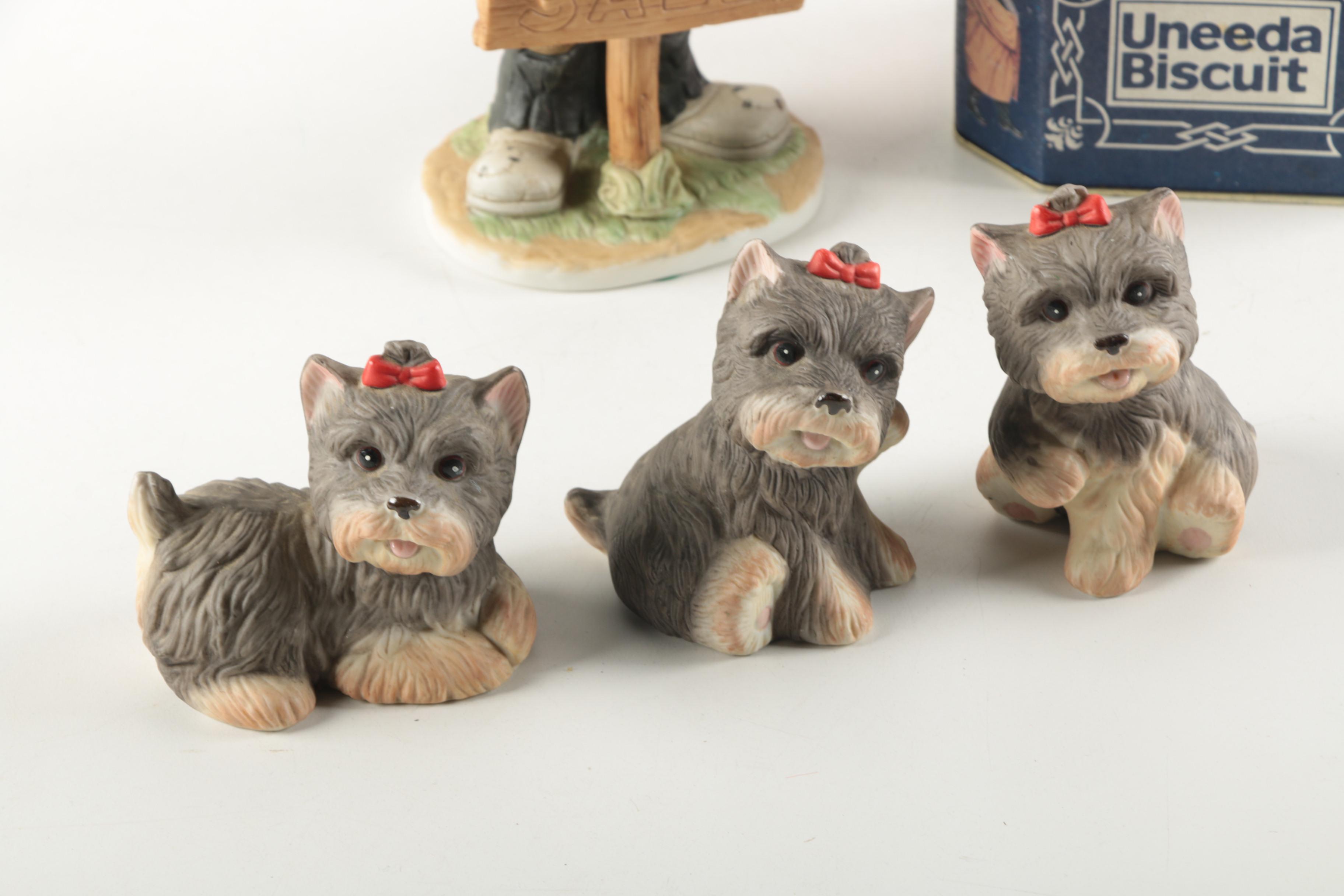 Homco Yorkshire Terrier Figurines and Vintage Tin