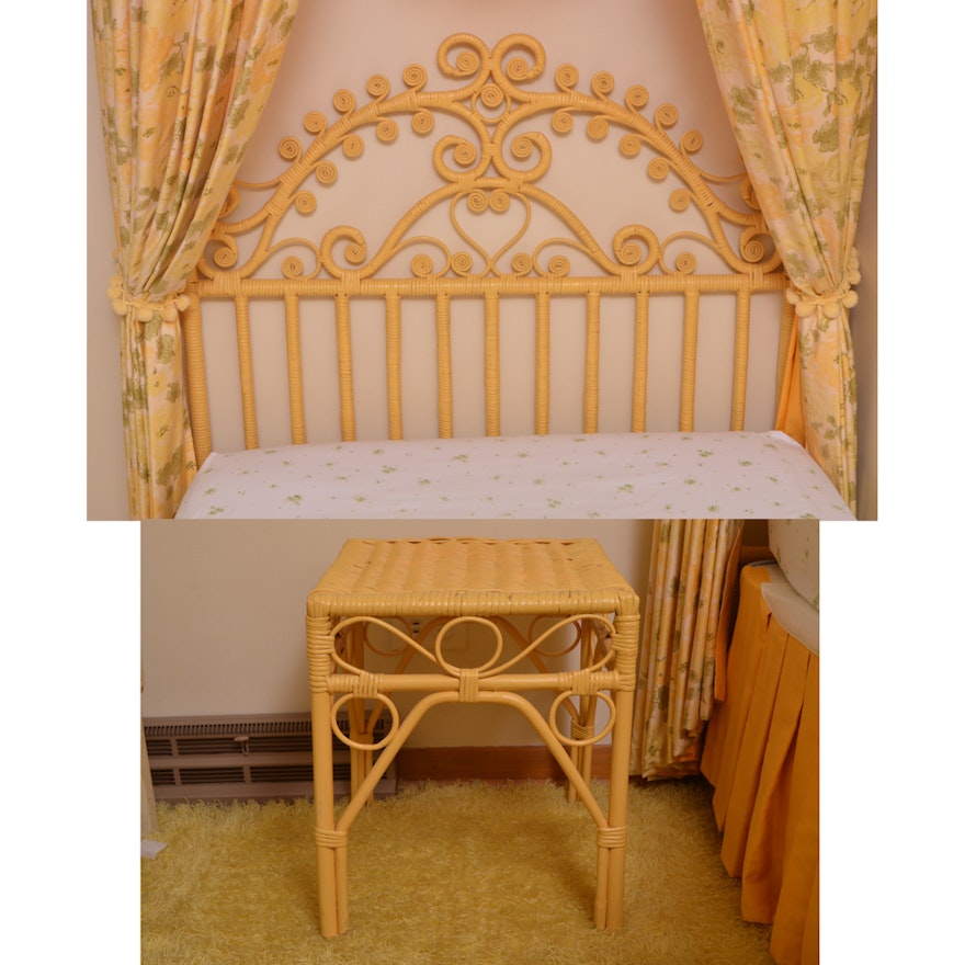 Wicker Twin Size Headboard, Canopy and End Table