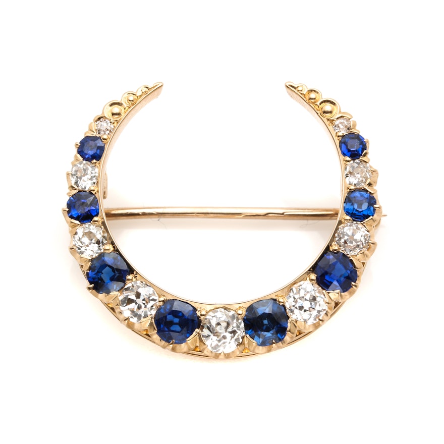 18K Yellow Gold Sapphire and Diamond Crescent Brooch