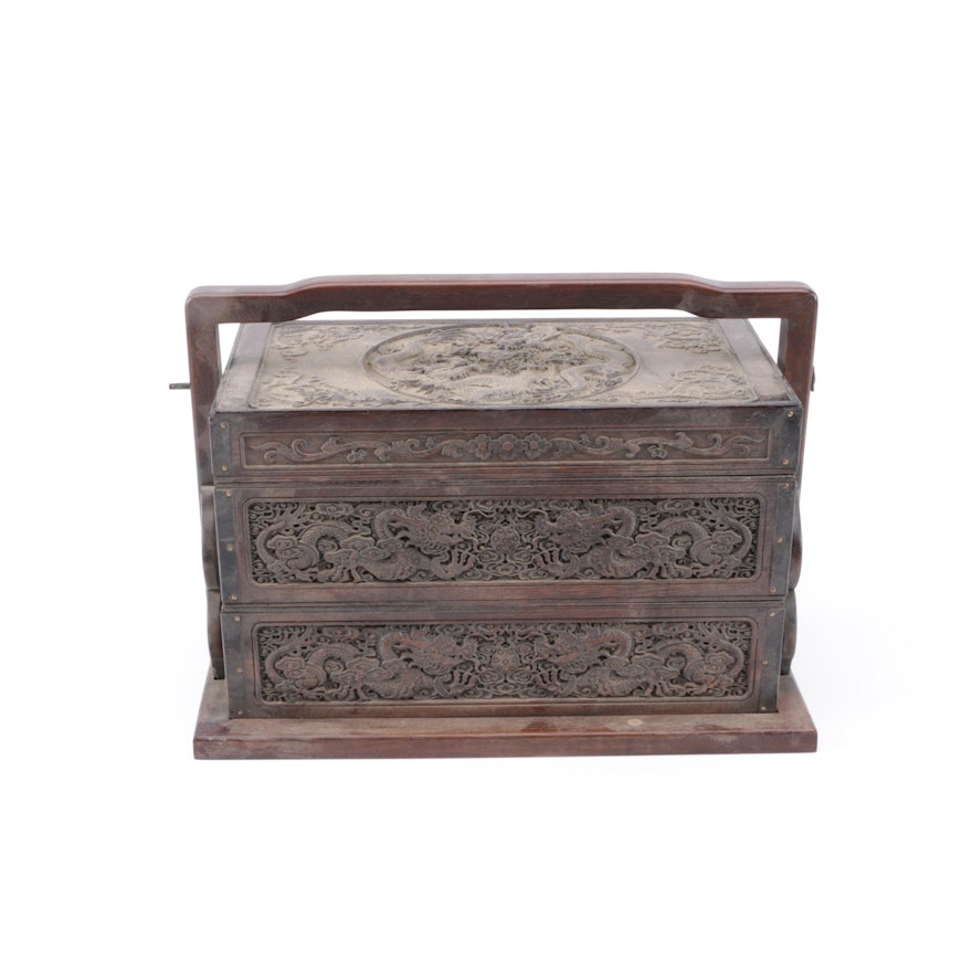 Ornately Carved Chinese Wedding Basket with Pin Lock
