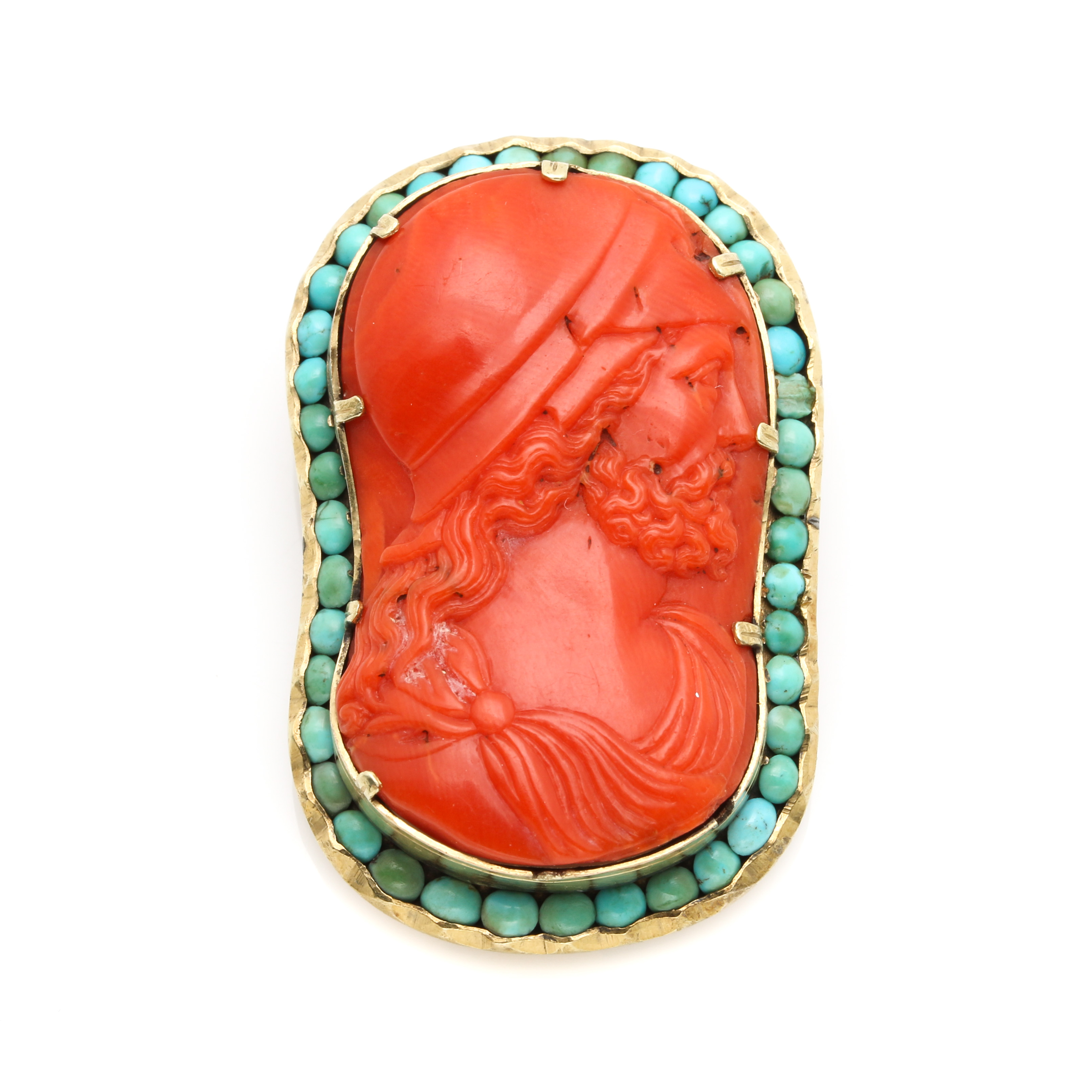 14K Yellow Gold Coral and Turquoise Cameo Brooch
