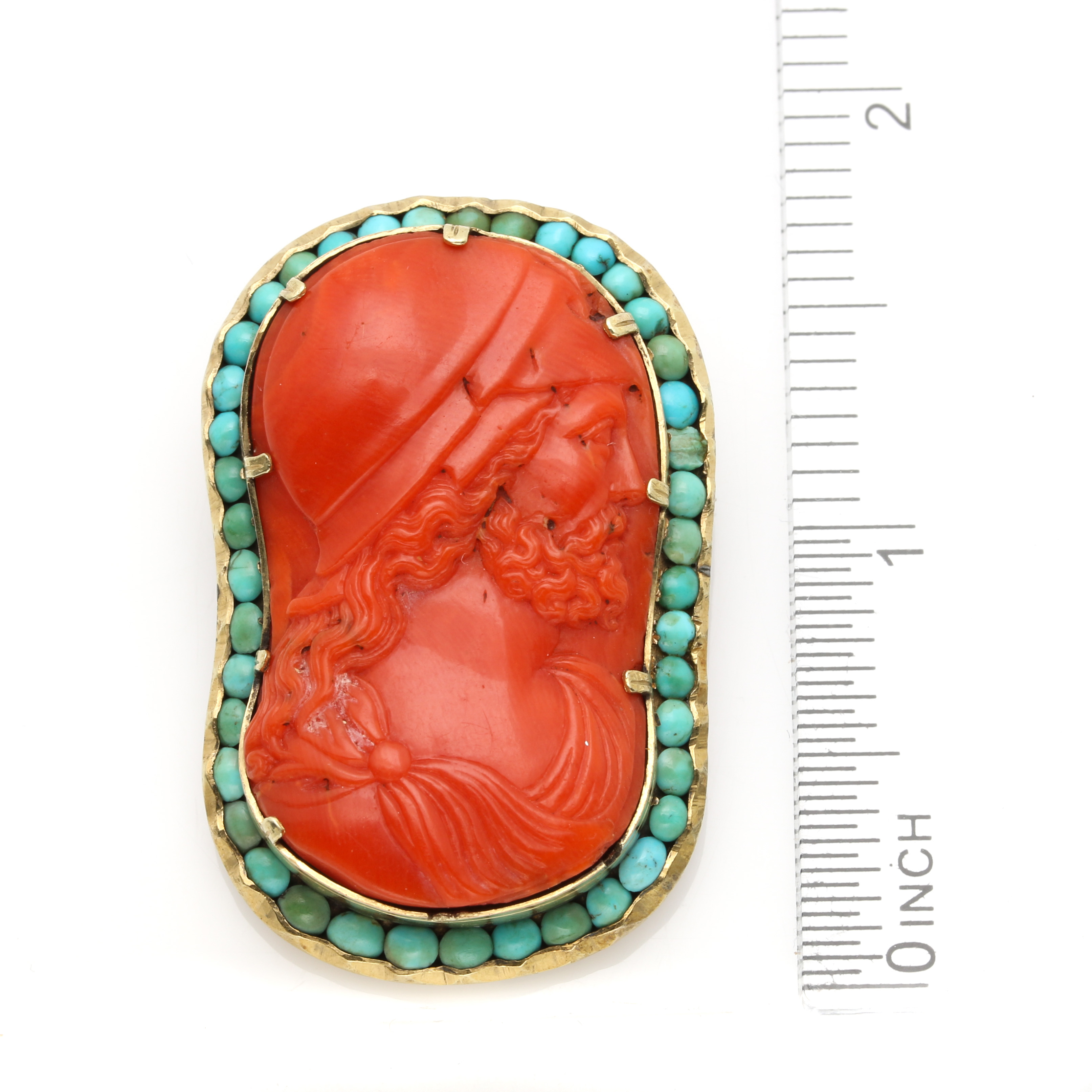 14K Yellow Gold Coral and Turquoise Cameo Brooch