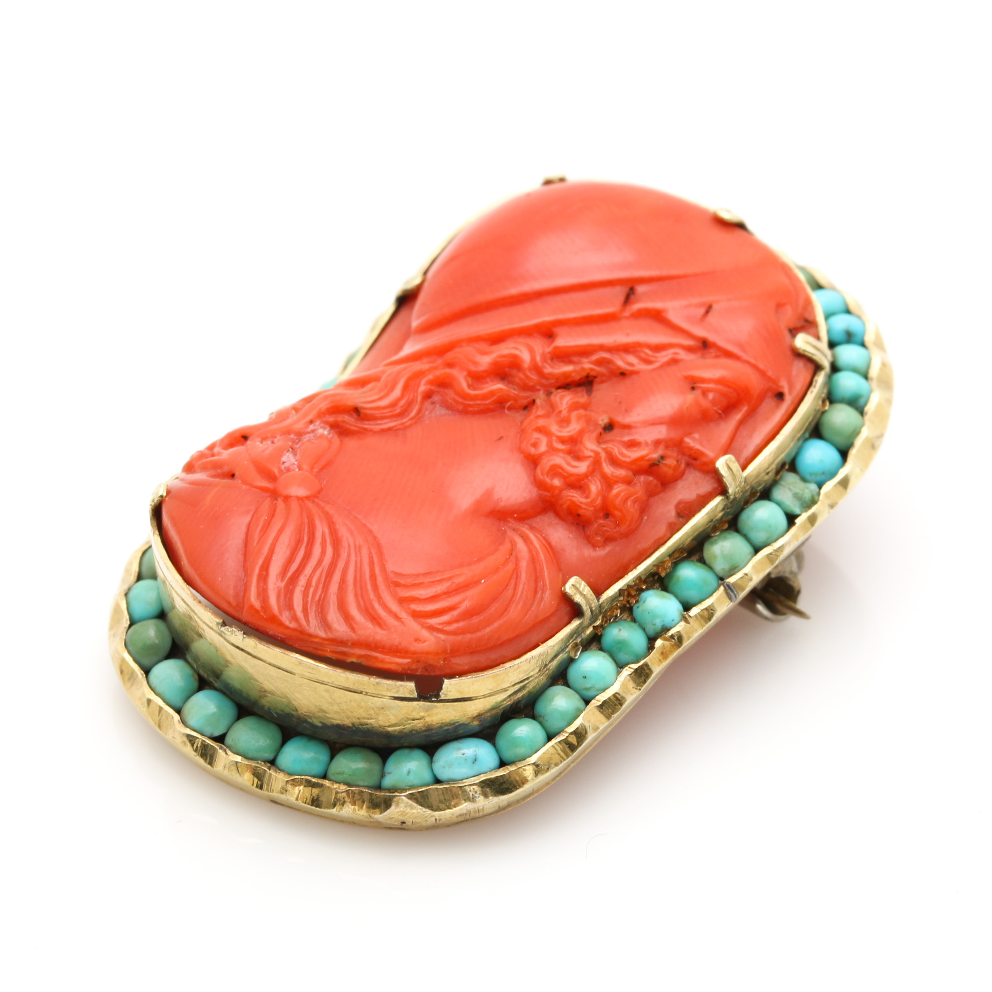 14K Yellow Gold Coral and Turquoise Cameo Brooch