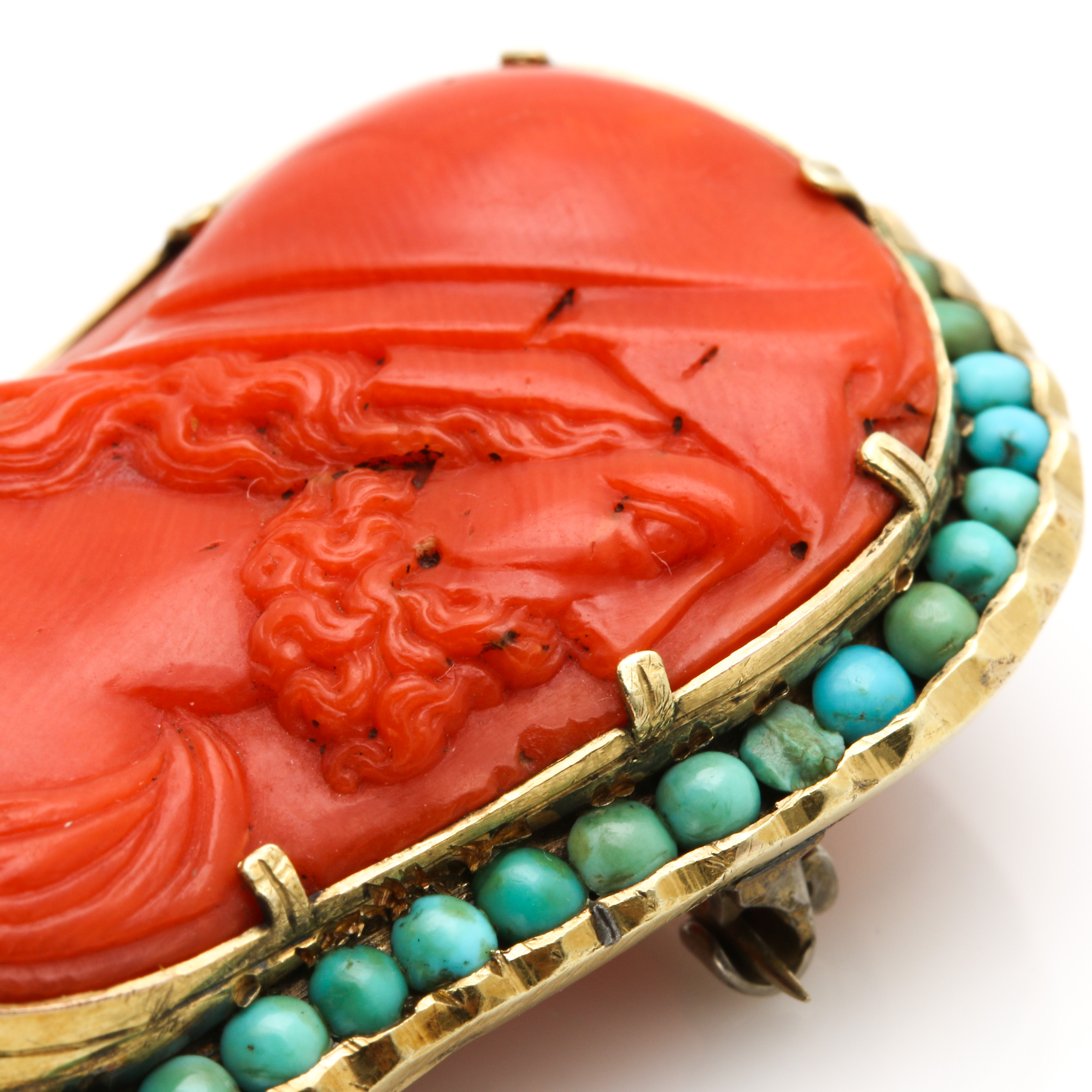 14K Yellow Gold Coral and Turquoise Cameo Brooch