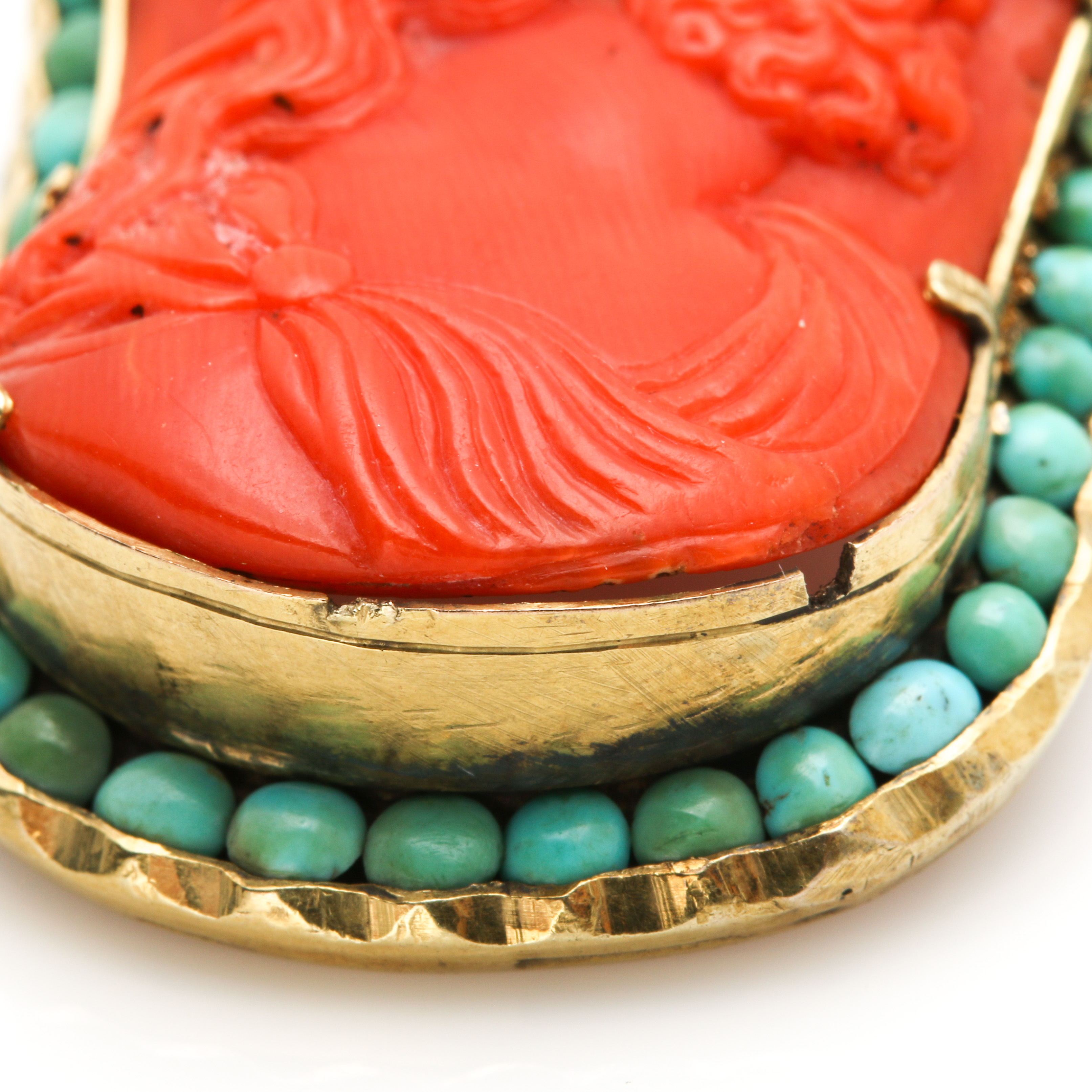 14K Yellow Gold Coral and Turquoise Cameo Brooch