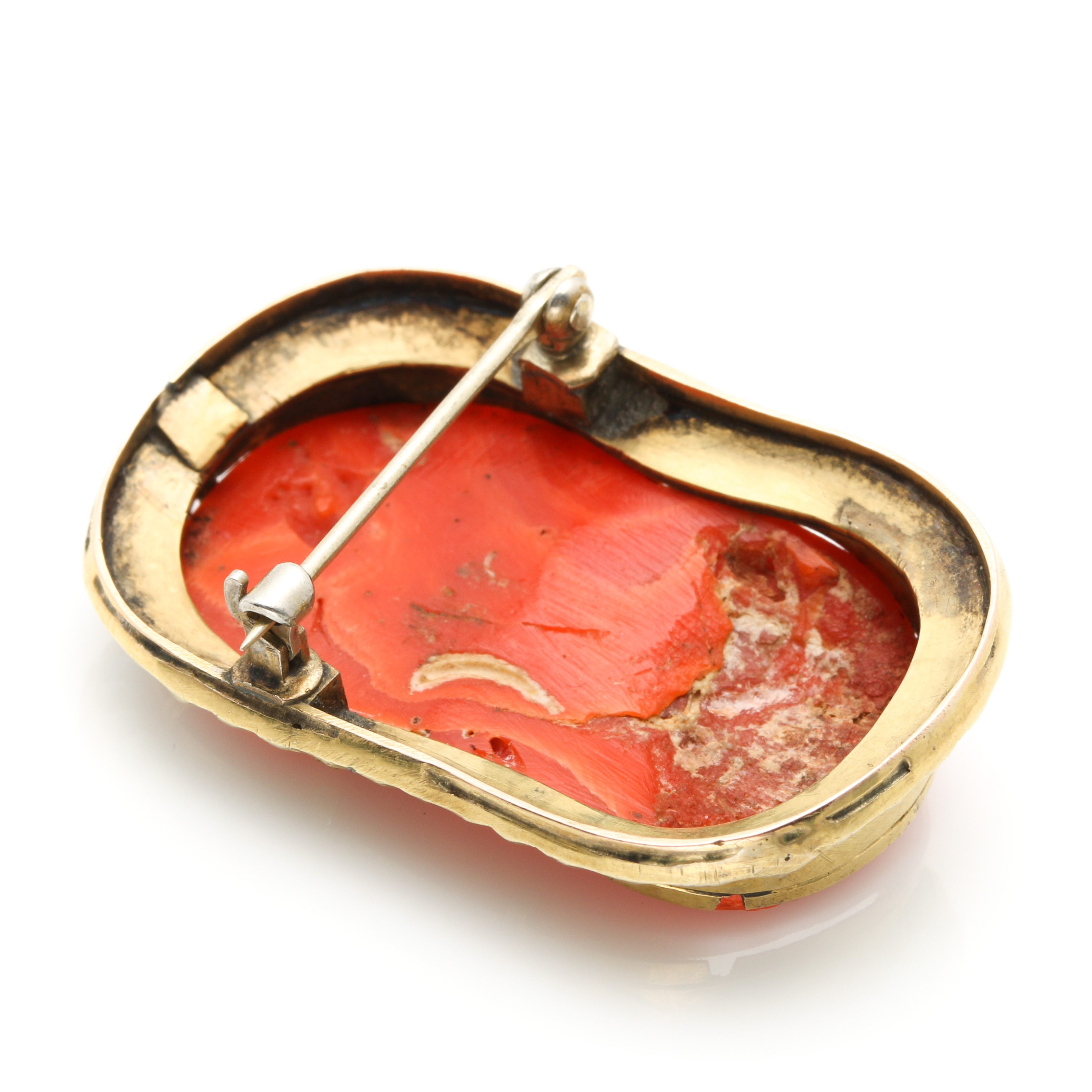 14K Yellow Gold Coral and Turquoise Cameo Brooch
